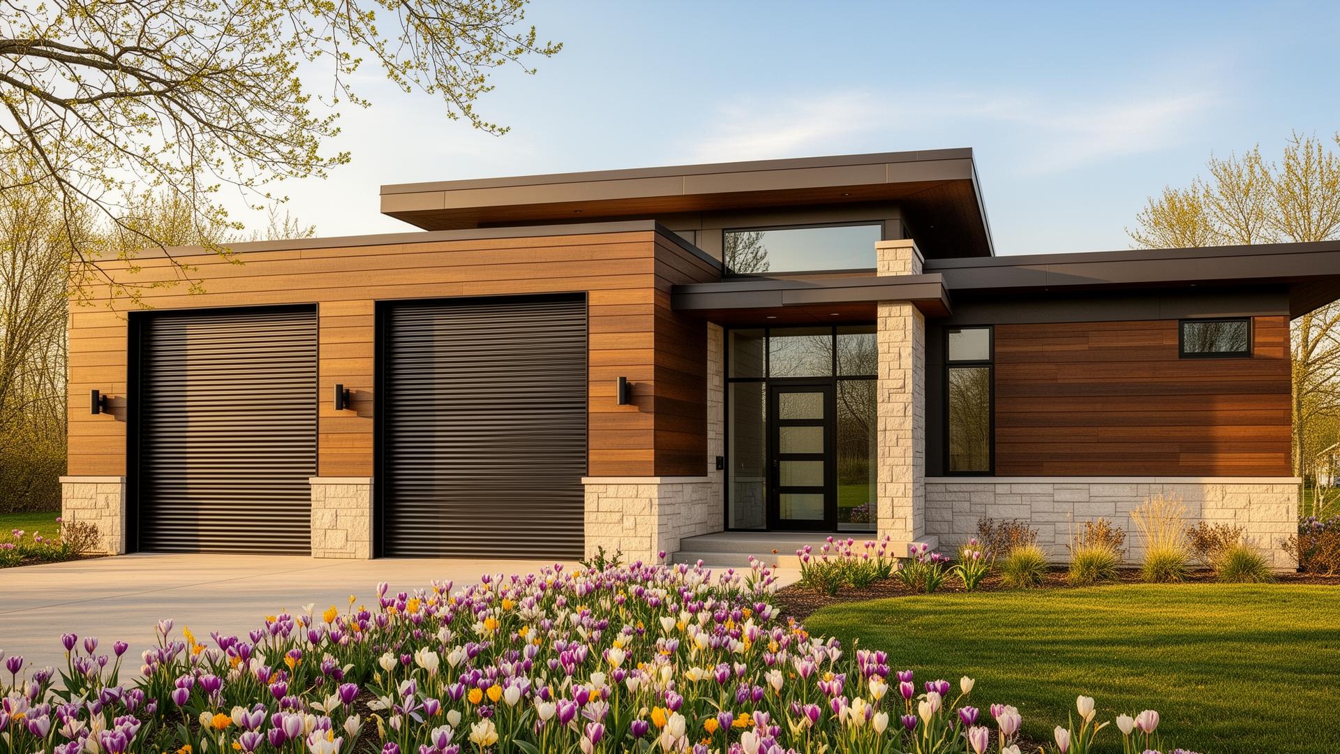 Modern prairie style home with industrial ribbed steel garage doors in Orrum, NC
